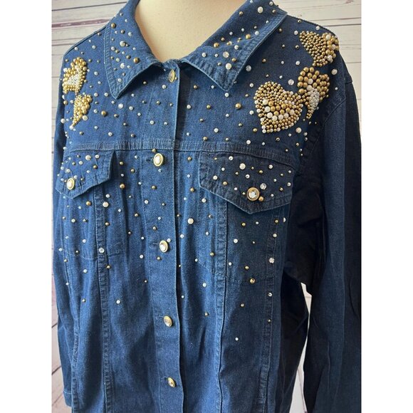 Quacker Factory Denim Trucker Jacket Plus size 1X Jean coat NWT Full Zip Studded - Picture 3 of 11